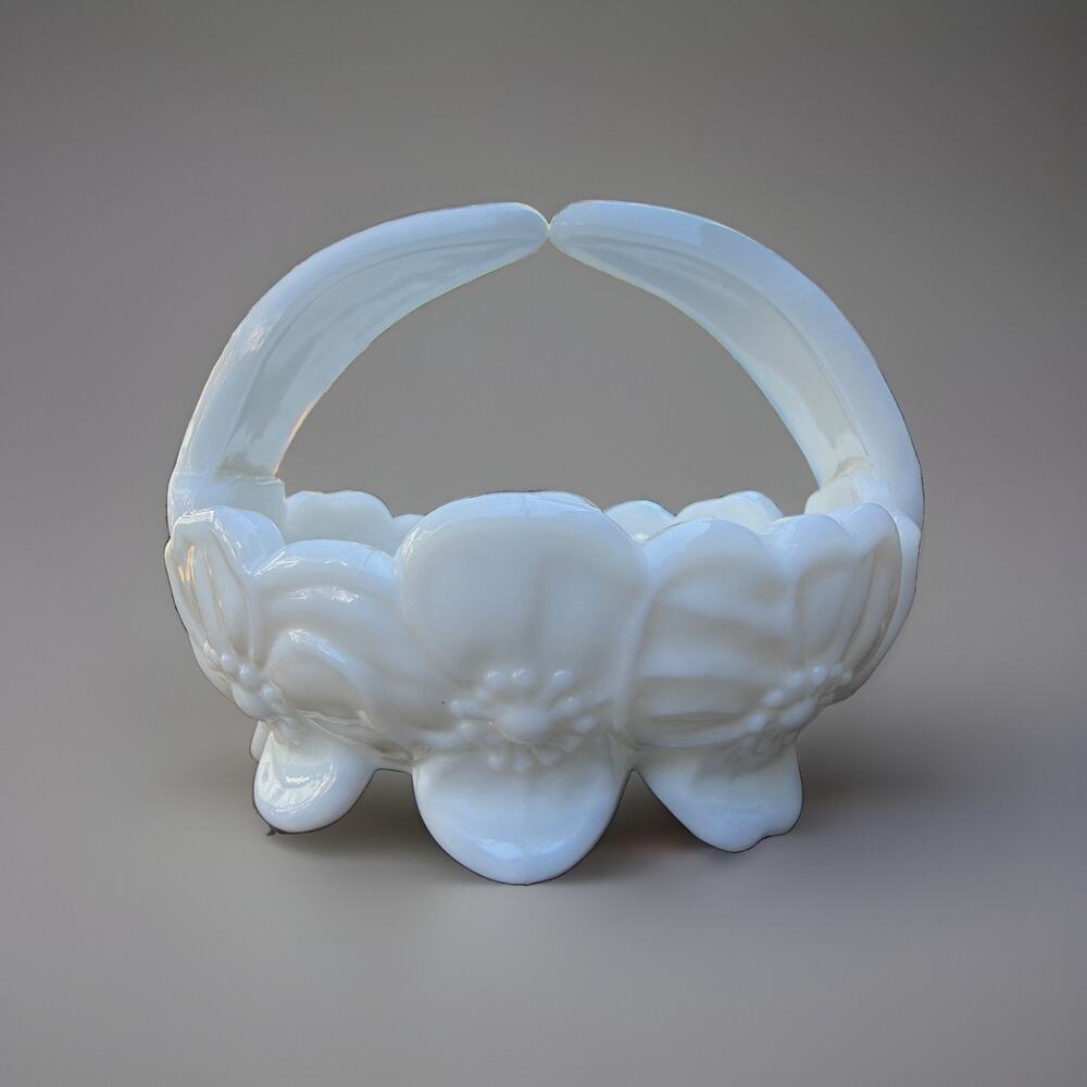 VTG Westmoreland White Milk Glass Dogwood Floral Split Handle Basket/Candy Dish